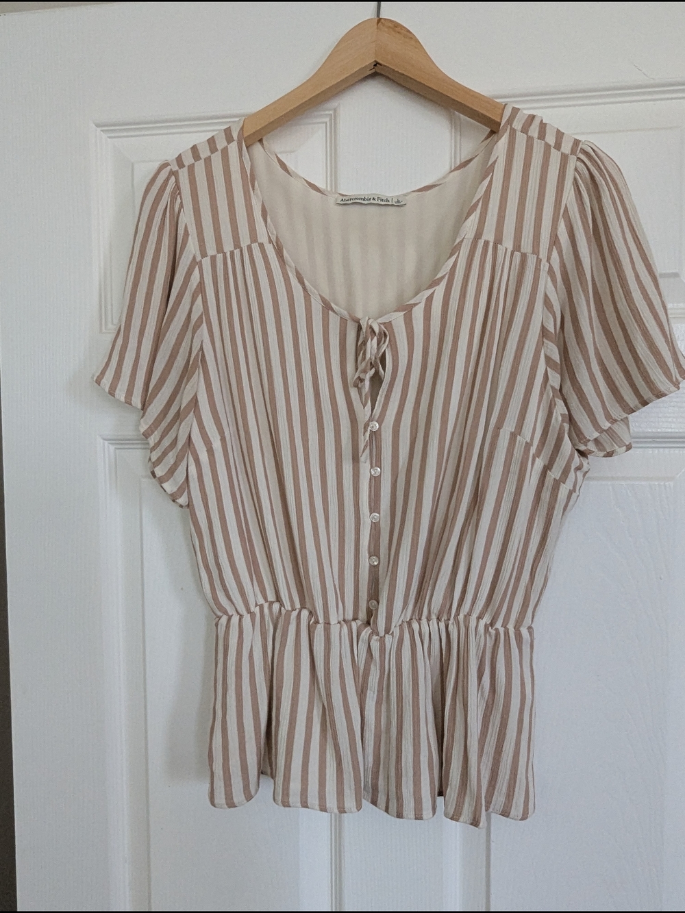 Abercrombie & Fitch Cream and Tan Striped Tie-Front Peplum Blouse